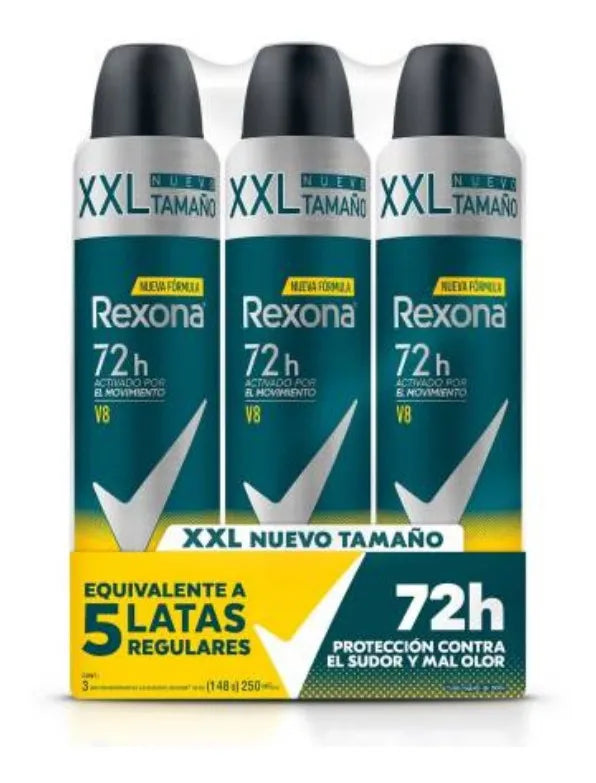 Rexona Men Antitranspirante En Aerosol V8 3 Pz Xl 250 Ml C/u Fragancia Mandarina Madera